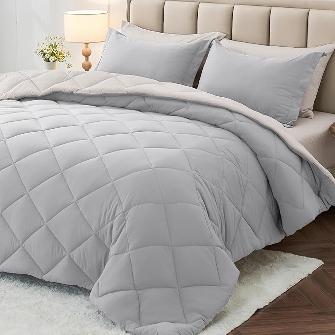 MUXHOMO 5 Pieces Twin XL Comforter Set, Reversible Bed in a Bag Twin XL Size, All Season Bedding Set with Comforter, Flat Sheet, Fitted Sheet, Pillowcases & Shams, Light Grey & Beige