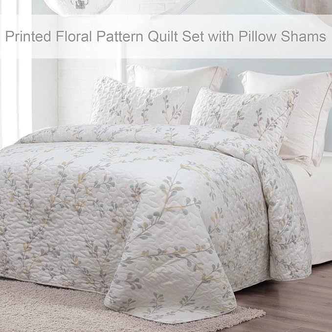 Exclusivo Mezcla Reversible Boho Quilts King Size, White Bedspreads Lightweight Coverlet All Season Flowers Quilt Bedding Set with Printed Floral Pattern (1 Quilt, 2 Pillow Shams)