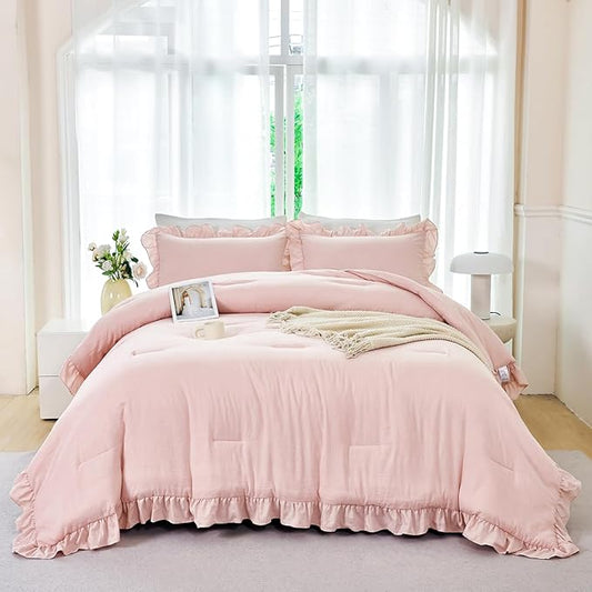 ANGIYUIN 5 Pieces Blush Pink Ruffled Comforter Sets Full Farmhouse Bed in A Bag with Layer Ruffle Soft Lightweight Bedding Sets with Sheet Sets, Pillowcases（Blush Pink Full）