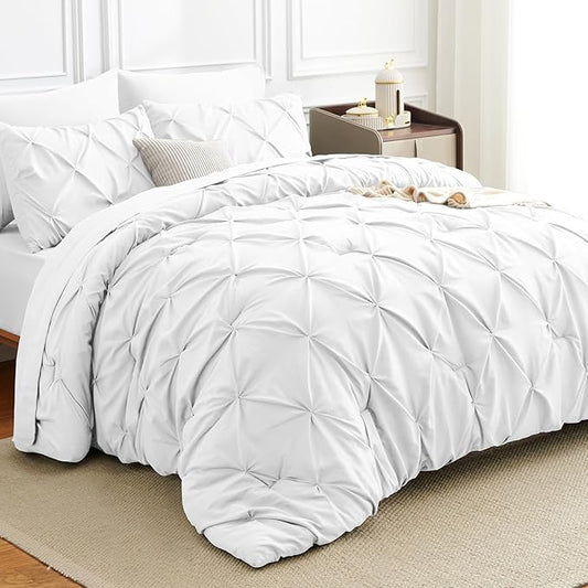 Full Comforter Set 7 Pieces Bed in A Bag White Luxury Soft Full Size Bed Set Pintuck Pinch Pleat Bedding Sets with Comforter, Flat Sheet, Fitted Sheet and Pillowcases & Shams