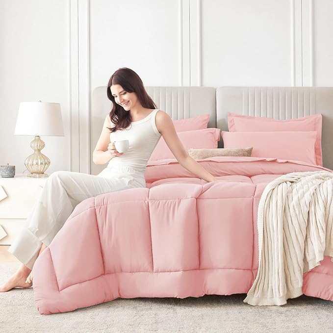 Sasttie Queen Comforter Set, Pink 7 Pieces Bed in a Bag Queen, Complete Bedding Set Includes Comforter, Flat Sheet, Fitted Sheet, Pillowcases and Pillow Shams, Pink