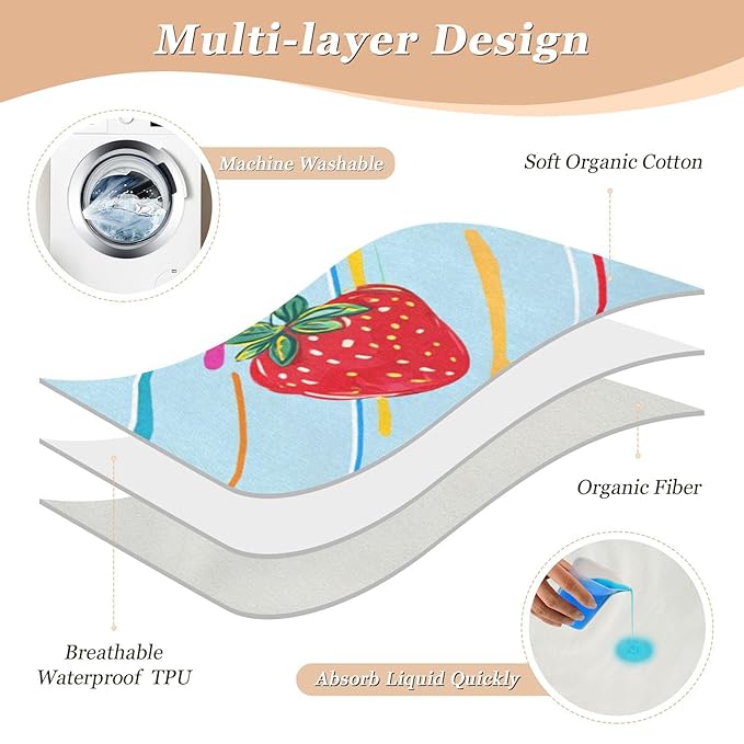 Waterproof Bed Pad Reusable Changing Pad Toddler Mattress Protector Large Pee Pad Baby Diaper Pad Soft Washable Liner Cute Strawberries and Colorful Lines
