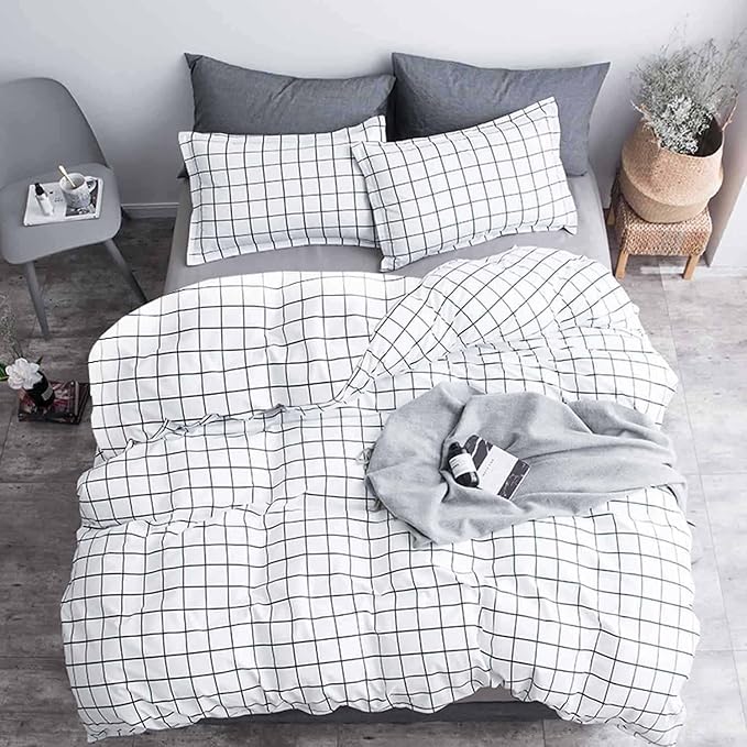 NANKO Queen Duvet Cover Set Grid, 90x90 Soft Bedding Cover, Luxury Cool Lightweight Microfiber 3pc Set (1 Cover 2 Pillowcase) with Zip,Tie - Modern Style Preppy Room Decor Bed Quilt Cover, Plaid White
