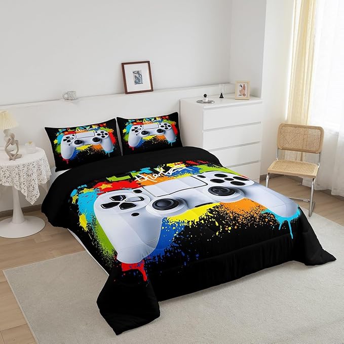 Gamer Comforter Sets for Boys Kids Gaming Comforter Twin Size Teens Girls Colorful Rainbow Tie Dye Decor Video Games Controller Bedding Set Young Men Player Reversible Quilt Set for All Season 2Pcs