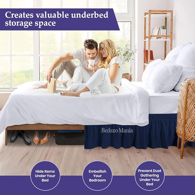 Wrap Around Bed Skirt 9" Inch Drop 100% MicrofibreFabric 1-Piece Bed Skirt Easy Fit Easy Care Fade & Wrinkle Resistant - Queen Size (60"X80"), Navy Blue Color
