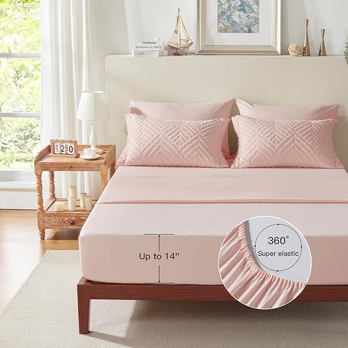 Zzlpp Queen Comforter Set 7 Pieces, Pink Tufted Bed in a Bag with Comforter and Sheets, All Season Boho Bedding Sets with 1 Comforter, 2 Pillow Shams, 2 Pillowcases, 1 Flat Sheet, 1 Fitted Sheet