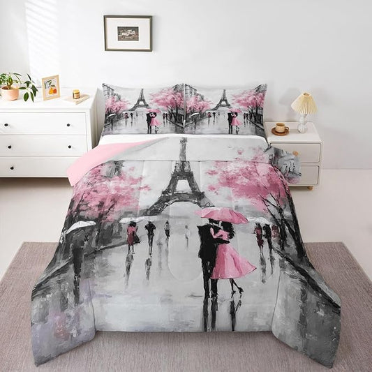 Paris Bedding Set Full Size Pink and Grey Eiffel Tower Comforter Set for Teen Girls Bedroom Decor Watercolor Cherry Blossoms Comforter Retro Couple Valentine's day Gifts Quilt Gray 2 Pillow Cases