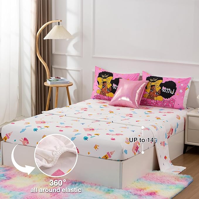 A Nice Night Black Girl Little Princess Comforter Set, Pink 6Pcs Bed in A Bag Queen Size Sparkling Stars Bedding Set,for Kids, Girls