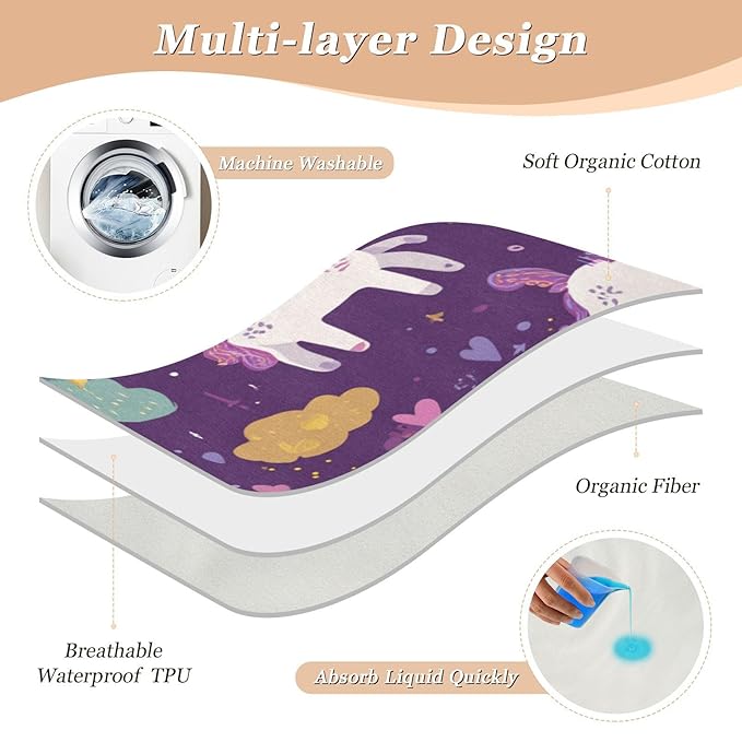 Waterproof Bed Pad Reusable Changing Pad Toddler Mattress Protector Large Pee Pad Baby Diaper Pad Soft Washable Liner Dark Purple Unicorn Rainbow Music Note