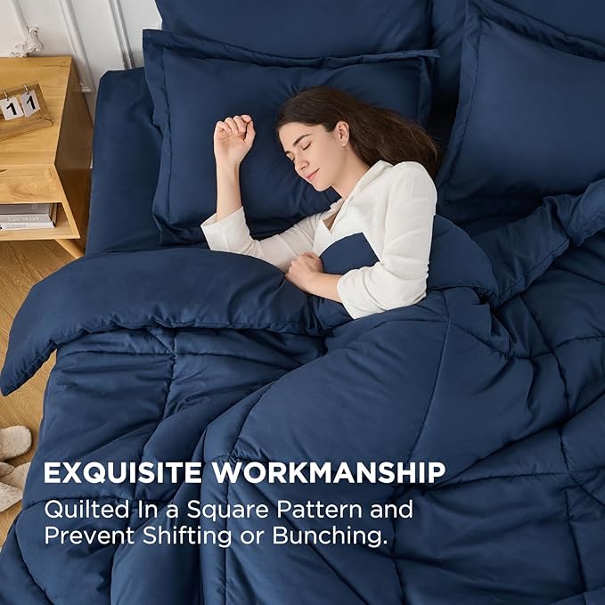 7 Pieces Queen Comforter Set - Utral Soft Microfiber Bedding Set, Thick Duvet Insert Bed in a Bag Without Rustling Noise for All Season, Navy (88"x88")