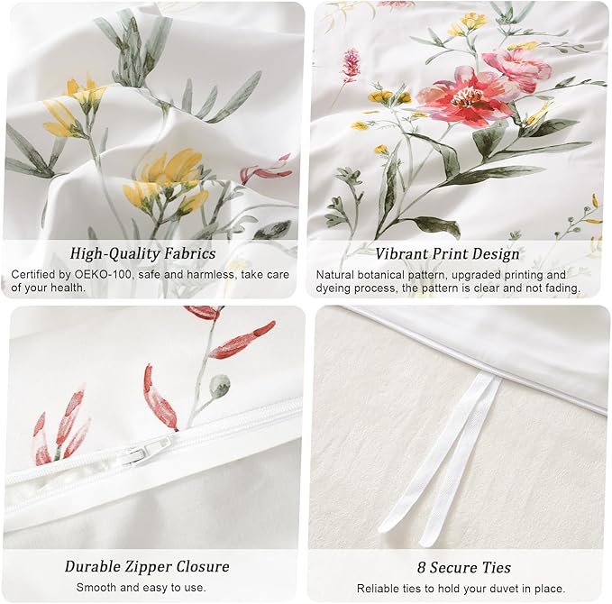 PHF Ultra Soft Floral Duvet Cover Queen Size, Printed Bedding Set 3 Pieces, Comfy Durable Farmhouse Duvet Cover Set with 2 Pillow Shams, Zipper Closure and 8 Ties, 90"x90", White & Yellow