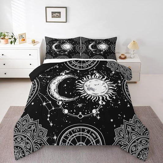 Sun and Moon Bedding Set Constellation Galaxy Comforter for Kids Boys Girls Teens Psychedelic Boho Mandala Comforter Breathable Celestial Duvet Set Black White Room Decor Quilt Cover Twin Size