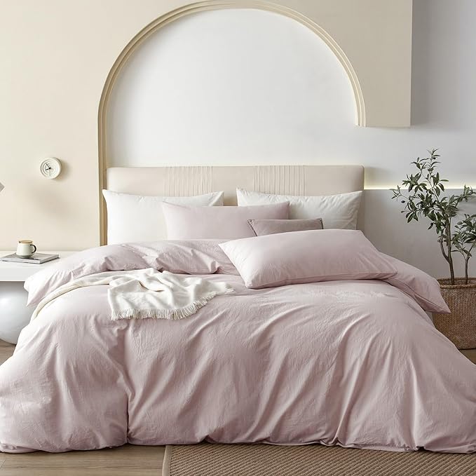 JIYUAN 100% Washed Cotton Duvet Cover Set Queen Size, Linen Feel Soft Breathable Bedding Set with Zipper Closure, 90x90 Duvet Cover (Comforter Not Included) & 2 Pillowcases, Heathered Greyish Pink