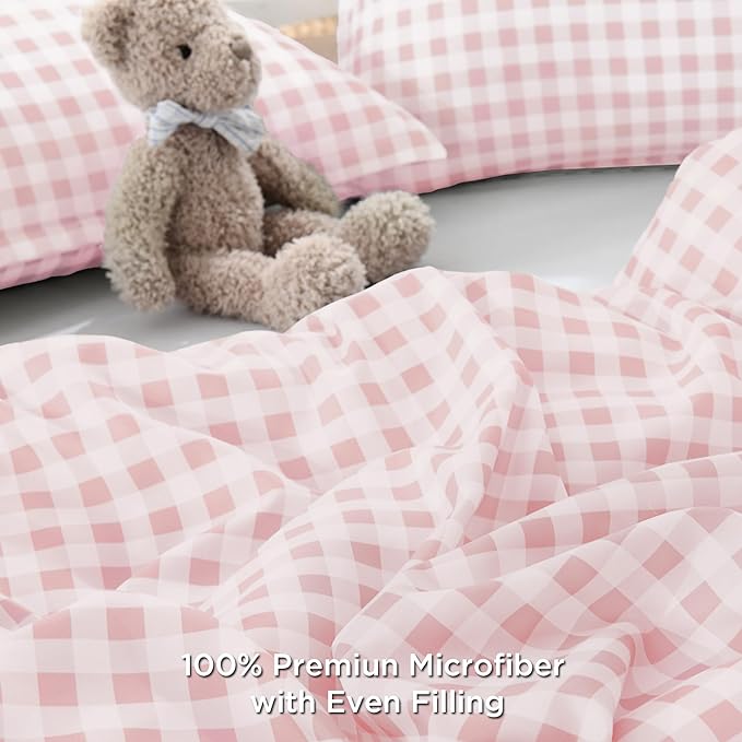 Andency Pink Gingham Comforter Set Full(79x90Inch), Blush Checkered Grid Plaid Buffalo Bed Set for Girls Boys Kids Teens, 3 Pieces Lightweight Microfiber Geometric Preppy Bedding
