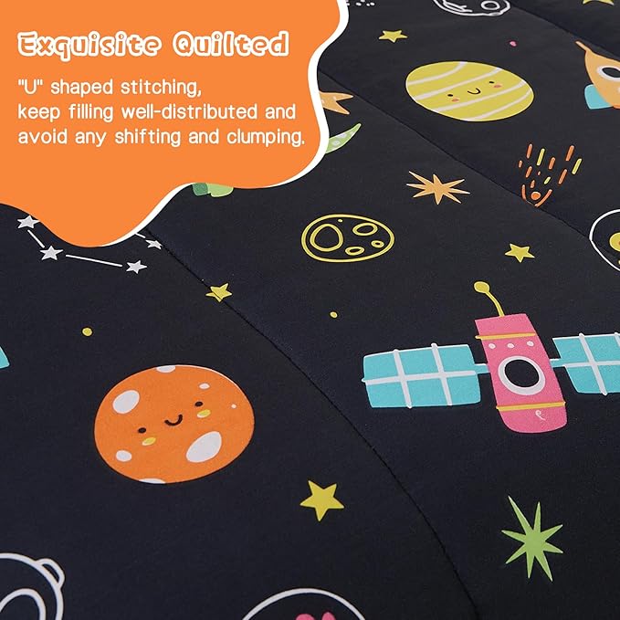 Yibeizi Space Dinosaur Kids Comforter Set for Boys Twin, Cute Quilted Black Printed Bedding Set with Pillow Sham, Lightweight Soft Breathable Machine Washable Bed Set 2 Piece