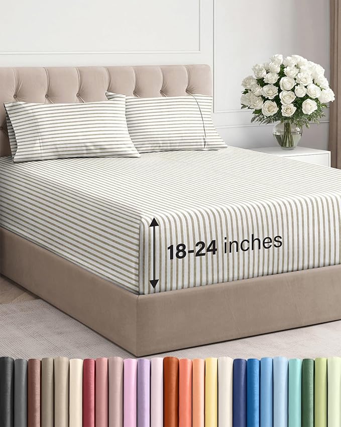 Extra Deep Twin Sheet Set - 4 Piece Breathable and Cooling Sheets - Hotel Luxury Bedding for Women, Men, Kids & Teens - Easy Secure Fit - Soft and Wrinkle Free with Extra Deep Pockets - Beige Stripes