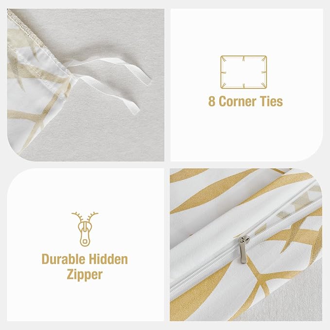 Lekesky Queen Duvet Cover Set, White and Gold Tropical Palm Leaf Pattern Comforter Cover Queen Size, 3 Pieces Soft Microfiber Bedding Sets with Zipper & 2 Pillowcases, Comforter Not Included