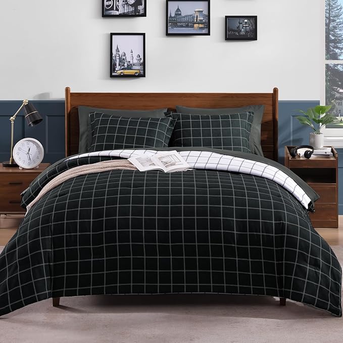 Plaid Queen Comforter Set Black, Reversible Checkered Bedding Set 7 Pieces for Boys Girls Teen, Lightweight Bed in a Bag for Dorm with Sheets, Pillowcases & Shams