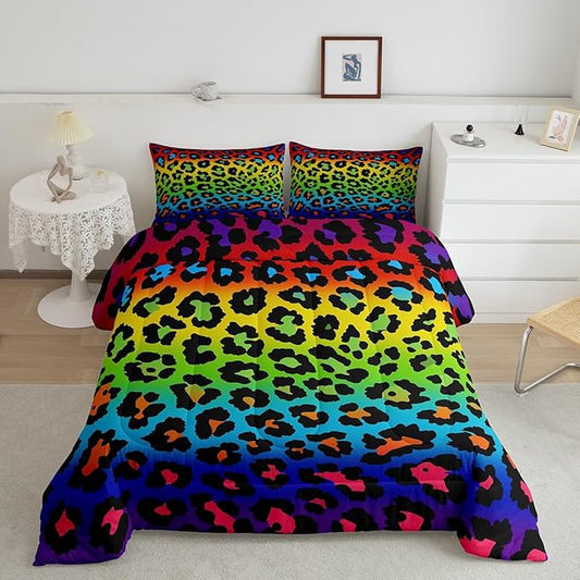 Girls Colorful Leopard Comforter Set Queen Size Women Cheetah Printed Bedding Comforters Africa Leopard Pattern Bedroom Decor Down Alternative Comforter for All Season Rainbow Leopard Print Quilt Set