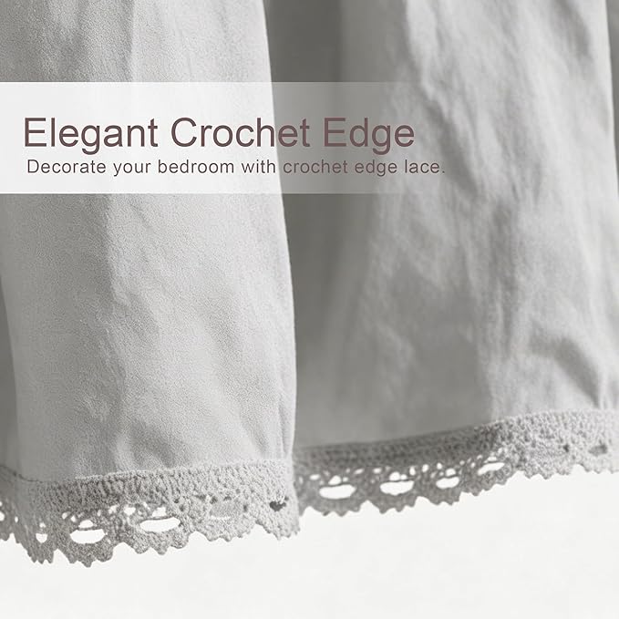 Queen Size 18 inch Drop Light Grey Dust Ruffle, Crochet Edge Lace, Lightweight 100% Cotton, French Coutry Style Ruffled Bed Skirt with Split Corners