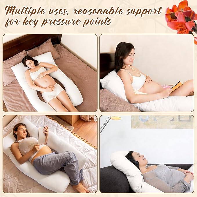 Leinuosen Pregnancy Pillow U-Shape Full Body Maternity Pillows 63 Inch Natural Kapok Fiber Filled with Breathable Cotton Shell for Legs, Back, Neck, Shoulder, HIPS, Belly for Pregnent Women