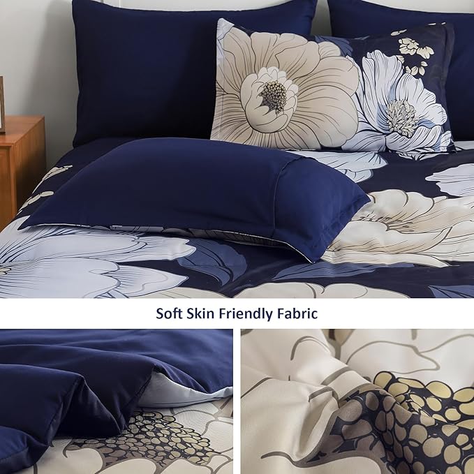 Xruibed Navy Blue Floral Comforter Set King Size 7 Pieces Bed in a Bag Navy Floral Comforter Flower Bedding Sets Lightweight Boho Bed Set with Sheet,Pillowcases&Shams for All Season
