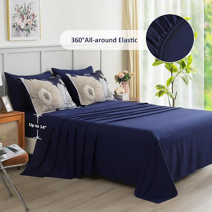 Xruibed Navy Blue Floral Comforter Set King Size 7 Pieces Bed in a Bag Navy Floral Comforter Flower Bedding Sets Lightweight Boho Bed Set with Sheet,Pillowcases&Shams for All Season