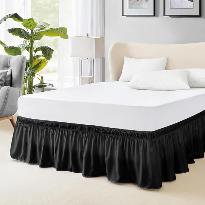 FreshCulture Full Bed Skirt, Elastic Wrap Around Bed Skirt Full Bed, Easy Fit with 18-Inch Tailored Drop, Hotel Quality Dust Ruffle for Full Size Bed, Bed Skirt Full Size (Black)