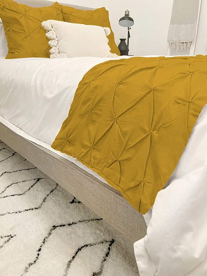 Bed Runner Set - 100% Pure Cotton 800 Thread Count - Luxury 1 Pinch Pleated Bed Runner and 2 Pillow Cover - 3 Piece Pinch Pleated Bed Runner Set Twin, Gold