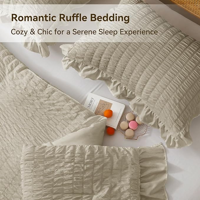 JOLLYVOGUE King Size Comforter Set, 3 Pieces Linen Seersucker Comforters King Size, Lightweight & Fluffy Bedding Sets King for All Season with 1 Ruffle Comforter and 2 Ruffle Pillowshams
