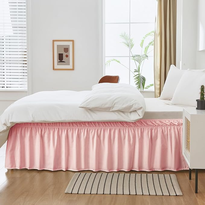 MEILA Wrap Around Bed Skirt Three Fabric Sides Elastic Dust Ruffled 16 Inch Tailored Drop,Easy to Install Fade Resistant-Pink, Twin/Full