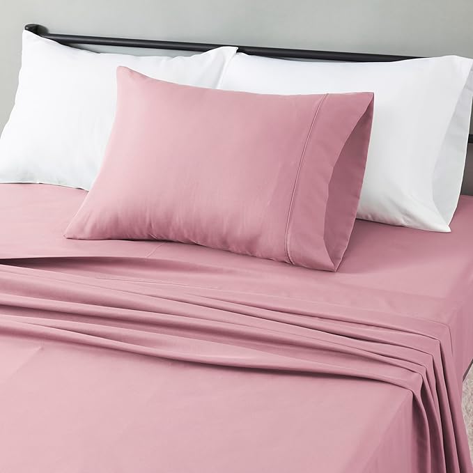 Amazon Basics Lightweight Super Soft Breathable Wrinkle-Free Microfiber 3-Piece Bed Sheet Set, Twin XL, Rose, Solid