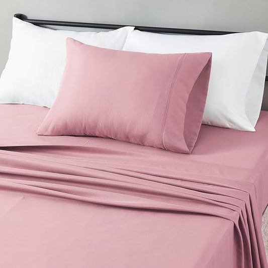 Amazon Basics Lightweight Super Soft Breathable Wrinkle-Free Microfiber 3-Piece Bed Sheet Set, Twin XL, Rose, Solid