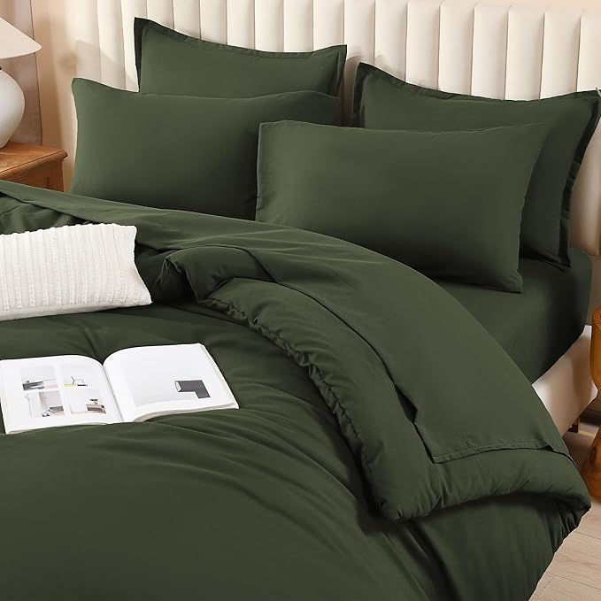 Litanika Dark Olive Green King Size Comforter Set - 7 Pieces Bed in a Bag King Bedding Comforter Sets, Plain Lightweight Bed Set with Comforter, Sheets, Pillowcases & Shams