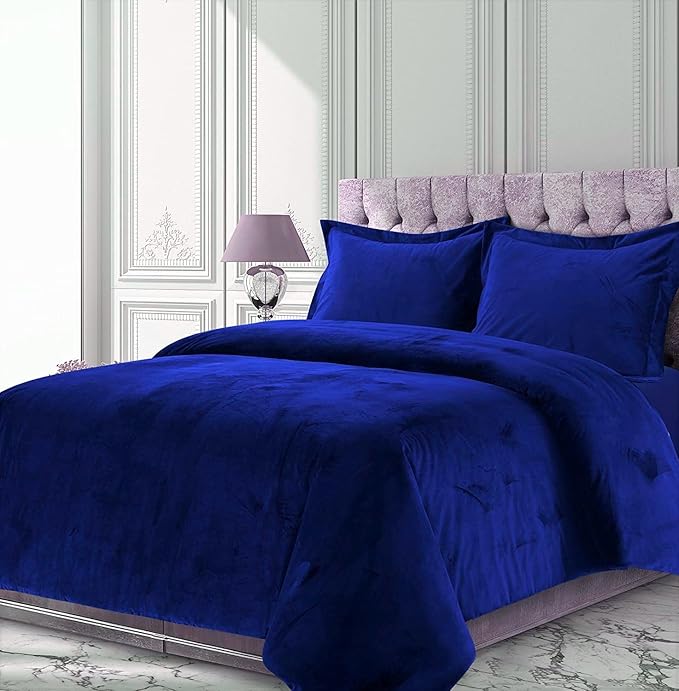 Royal Blue 3 Pieces Velvet Comforter Set Twin Size (Comforter + 2 Pillowcases) Crinkle Crushed 400 GSM