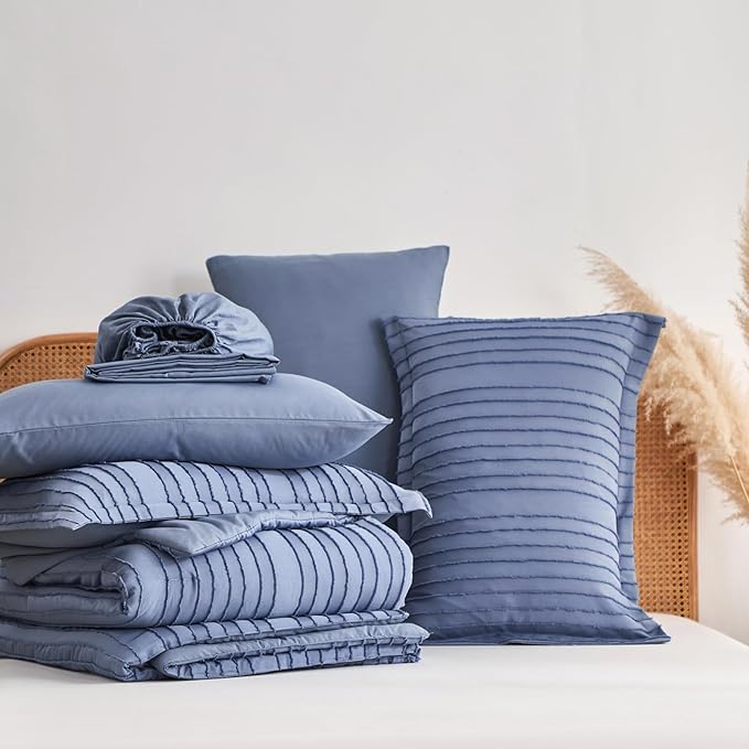 WURUIBO Comforter Set Size, Blue Comforter Set Queen Size, 7 Pieces Bed in a Bag, Ultra Soft Queen Bedding Set, Bed Set for All Seasons, Flat Sheet, Fitted Sheet, Pillowcases, Pillow Shams
