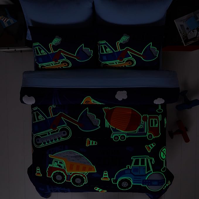 Full Kids Comforter Set - 7 Pieces Full Bedding Sets for Boys Teen, Glow in The Dark Truck Tractor Excavator Bed in A Bag with Sheets