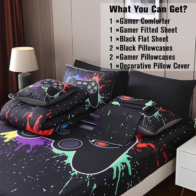 JQinHome Full Gamer Comforter Sets for Boys,8 Piece Bed in A Bag 3D Video Game Bedding -All Season Microfiber Gamer Bedding Sets for Kids, with Pillowcase, Flat & Fitted Sheet,Cushion Cover(Black)
