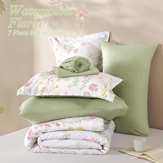Yiran 7 Piece Pink Green Floral Comforter Set Queen Size, Cute Botanical Comforters Cottagecore Flower Bed in a Bag Soft Complete Farmhouse Bedding Set with Sheets for All Season