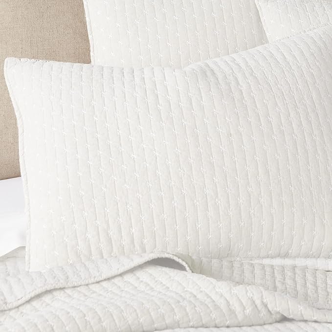 Levtex Home Cross Stitch Reversible Queen Bedspread Set (104x106in) with 2 Pillow Shams (26x20in) - Stitch Texture - Cream - Cotton Queen Size Bedspread Set - Lightweight, Soft, Pre-Washed