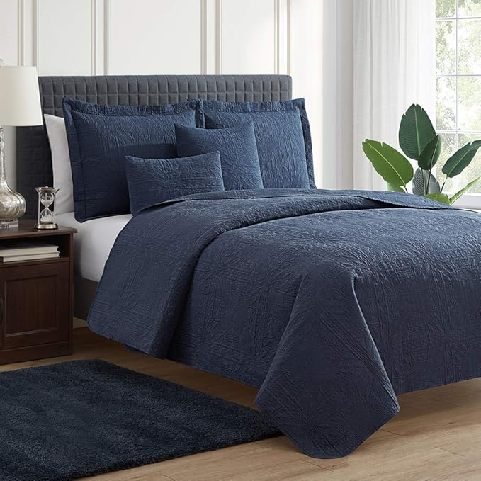 Hearth & Harbor Quilts Twin Size - All Season Bedspread Coverlet Set, Pinsonic Weave Lightweight Bedding Set - 5 Piece Twin Quilt Set with Pillow Shams, Grid - Navy