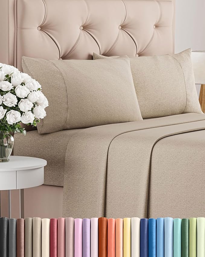 Queen Size 4 Piece Sheet Set - Comfy Breathable & Cooling Bed Sheets Set - Hotel Luxury Bedding for Women, Men, Kids, Teens, Boys & Girls - Deep Pockets, Soft & Wrinkle Free - Beige (Heathered Sheets)