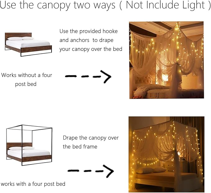 Comtelek Bed Canopy, Canopy Bed Curtains Bed Drapes for Full Queen King Size Bed Mosquito Net Bed Canopy Curtains for Patio Indoor Outdoor Room Decor Screen Netting Canopy Curtains White