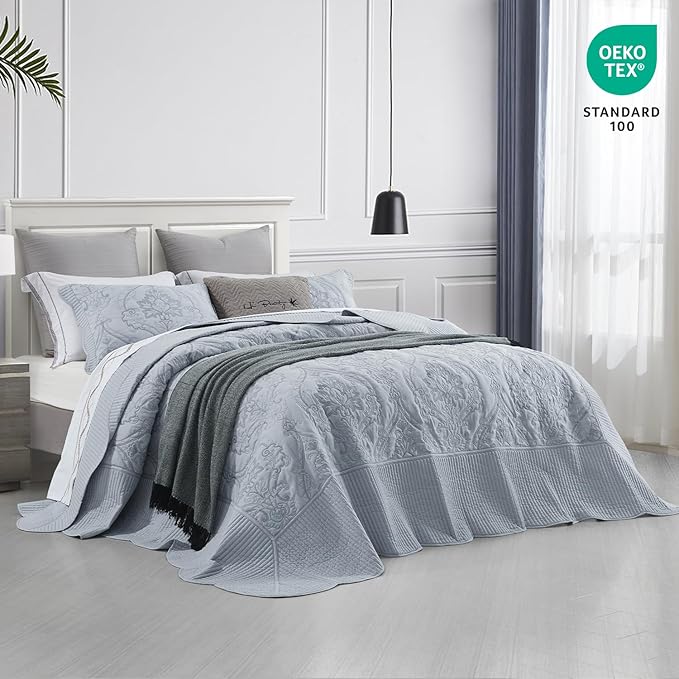 CHIXIN Bedspread Coverlet Quilt Set Full Size - Lightweight Bedding Cover - Beautiful Stitching - 5 Piece Reversible Bedspread - Gorgeous Damask Paisley Pattern (Full, Light Grey)