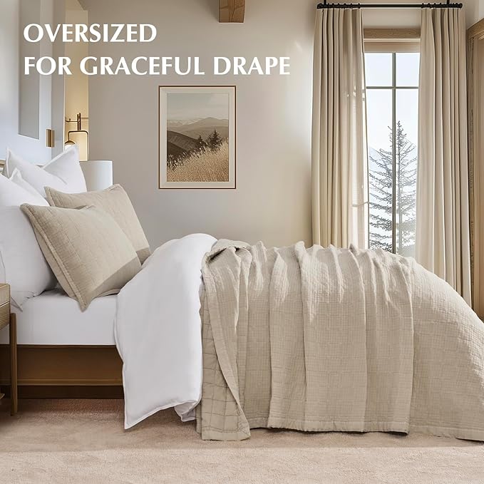 EVERGRACEHOME Stonewashed Cotton Quilt Set Full Queen Size, Ultra Soft Oversized Bedspread Coverlet Set, Lightweight Crinkle Box Stitch Bedding Sets for All Season, with 2 Shams, Flax Beige