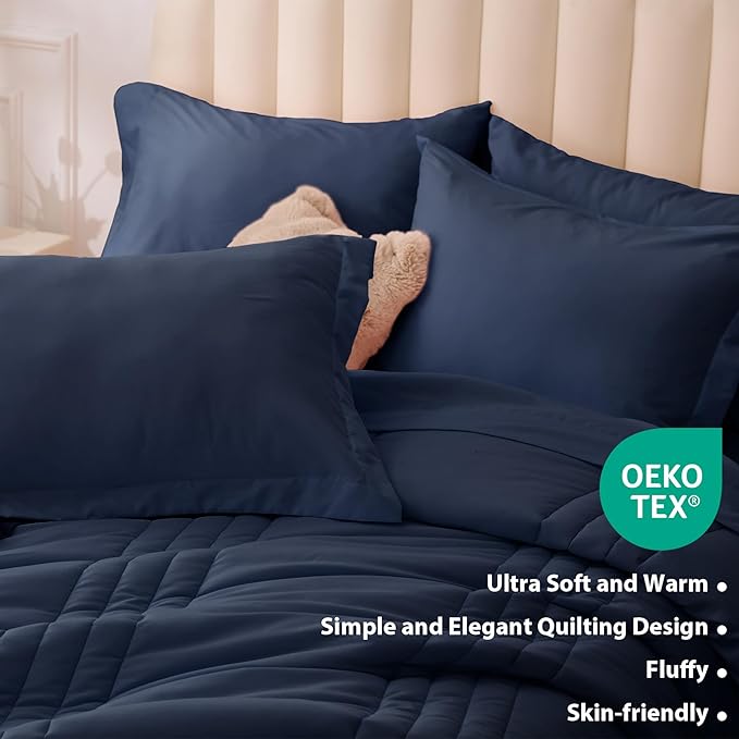 King Comforter Set Navy - Bed in a Bag King Size 7 Pieces, Soft Bedding Set for All Seasons, Premium King Comforter Set with Comforter, Sheets, Pillowcases & Shams