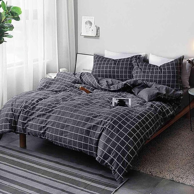 Nanko Black Full Size Duvet Cover Set, Dark Plaid Grid Geometric 3 Pieces 80x90 Luxury Microfiber Quilt Bedding Cover with Zipper Closure, Ties - Organic Modern Style Bed Sets for Men and Women Teen