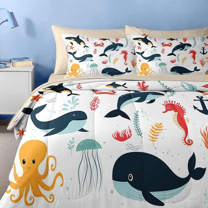 Nesker 7 Pcs Comforter Set Queen Size, Whales Octopuses Seahorses Bedding for Kids Teen, Ocean Sea Animal with Fitted Sheet 2 Pillowcases & 2 Shams for Bedroom Bed Decor