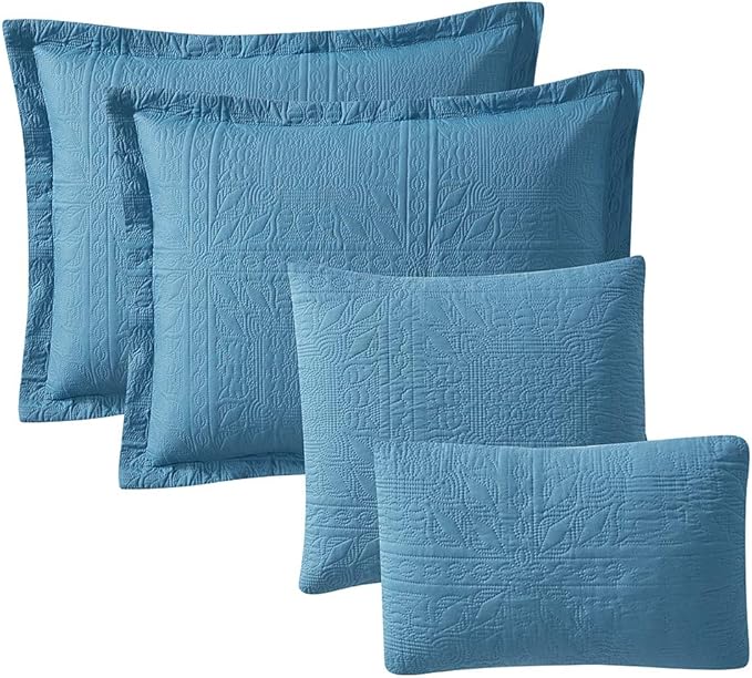 Hearth & Harbor Quilts Queen Size - All Season Bedspread Coverlet Set, Pinsonic Weave Lightweight Bedding Set - 5 Piece Queen Quilt Set with Pillow Shams, Grid - Blue Heaven