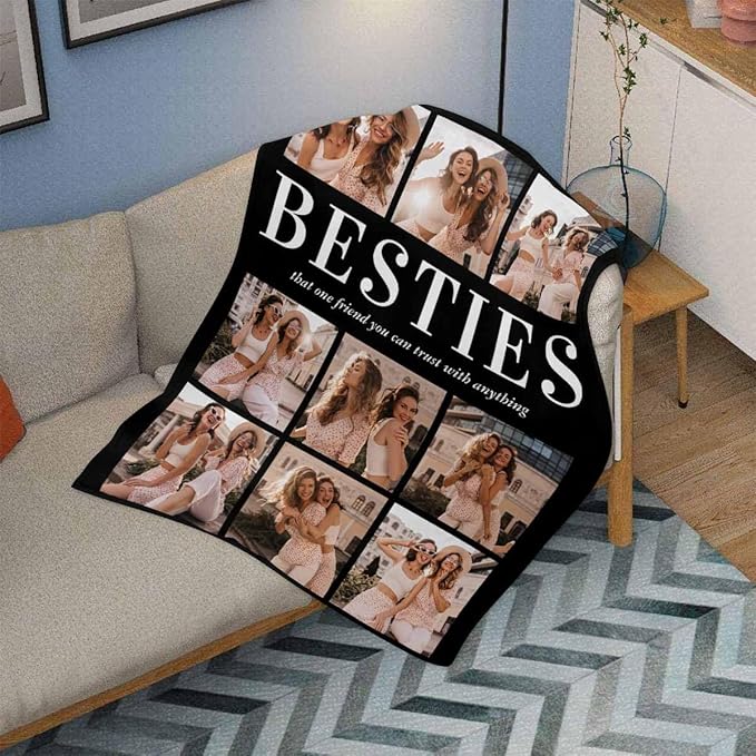 Custom Blankets with Photos and Text, 9 Photos Custom Blankets Best Friend Blanket for Birthdays Christmas Best Friend Sister BFF Girls, 8 Sizes